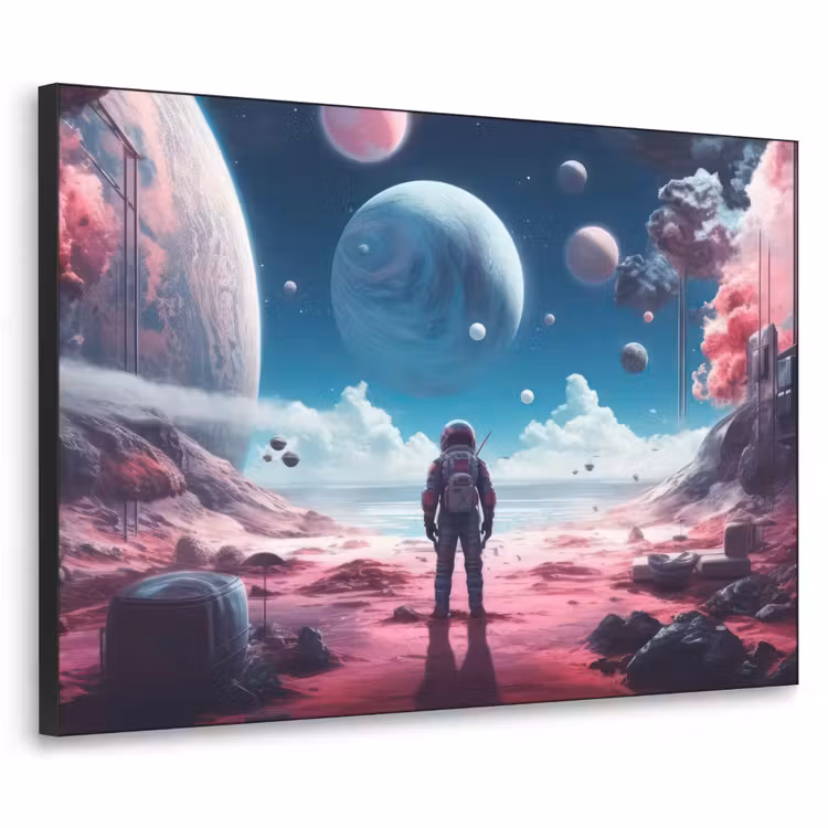 Astronaut - Ruimte - Planeten - Wolken Textielframe zwart klein -3d