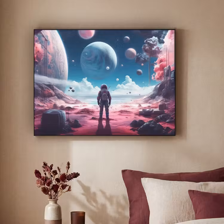 Astronaut - Ruimte - Planeten - Wolken Textielframe zwart klein -sfeer1