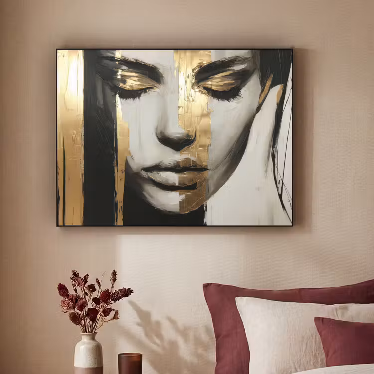 Ogen - Gezicht - Goud - Strepen Textielframe zwart klein -sfeer1