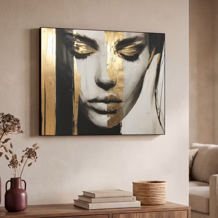 Ogen - Gezicht - Goud - Strepen Textielframe zwart klein -sfeer3