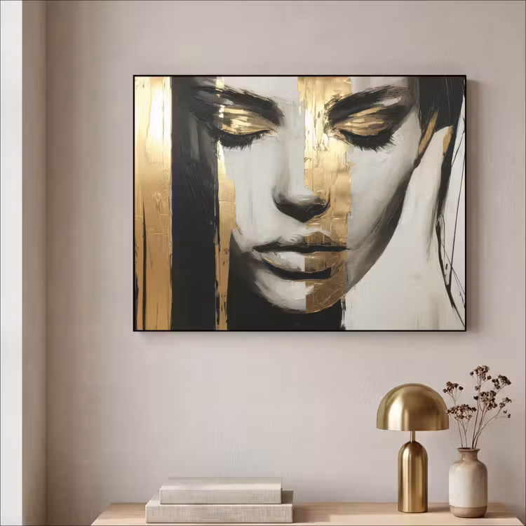Ogen - Gezicht - Goud - Strepen Textielframe - compleet frame klein -sfeer2