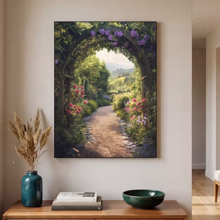 Doorkijk - Landschap - Bloemen - Tuinboog - Natuur Textielframe zwart klein -sfeer1