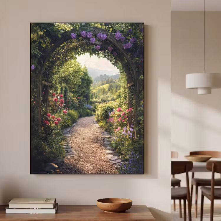 Doorkijk - Landschap - Bloemen - Tuinboog - Natuur Textielframe zwart klein -sfeer2