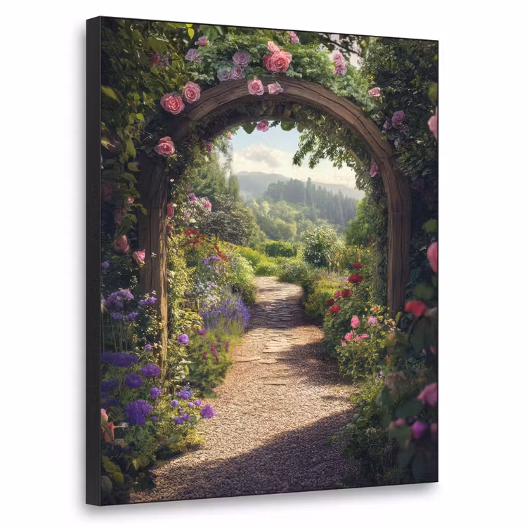 Doorkijk - Landschap - Bloemen - Rozenboog - Natuur Textielframe zwart klein -3d