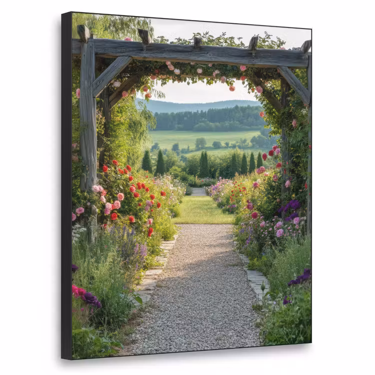 Doorkijk - Landschap - Natuur - Tuinboog - Bloemen Textielframe zwart klein -3d