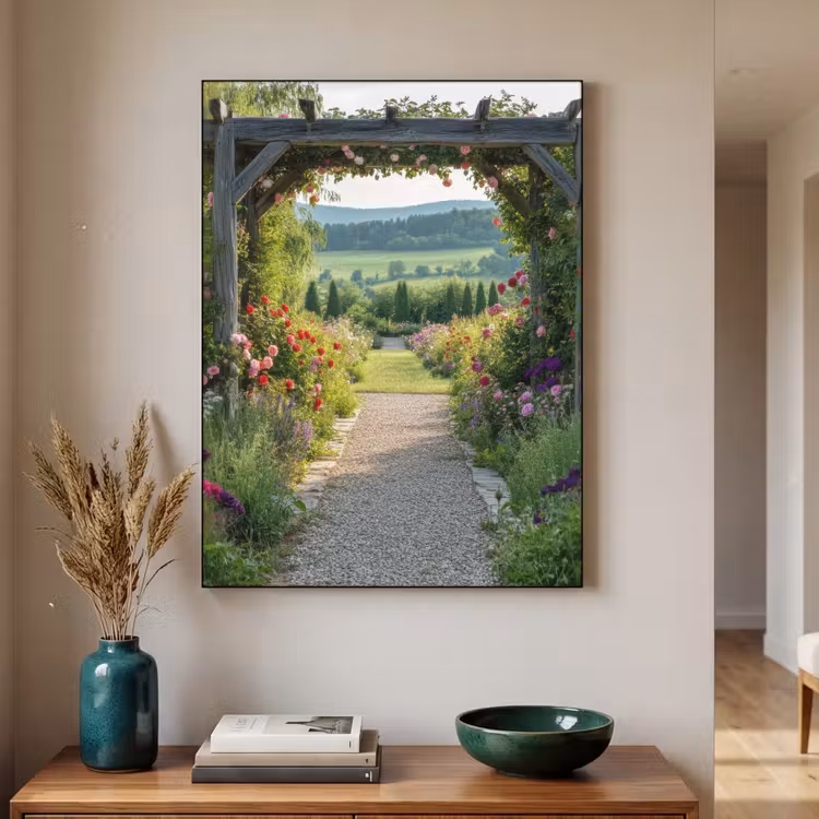 Doorkijk - Landschap - Natuur - Tuinboog - Bloemen Textielframe zwart klein -sfeer1