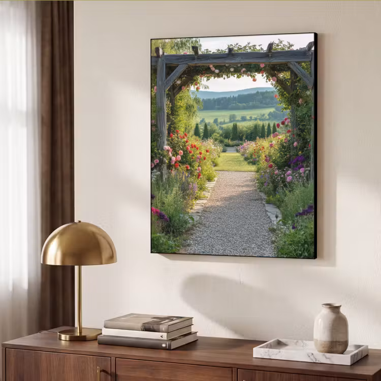 Doorkijk - Landschap - Natuur - Tuinboog - Bloemen Textielframe zwart klein -sfeer3