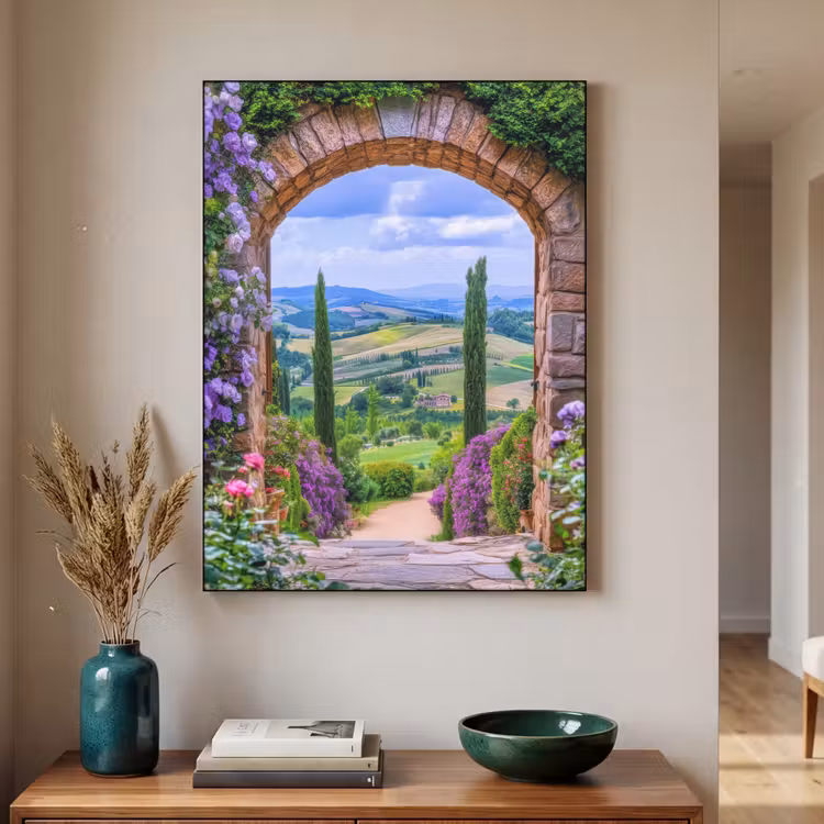 Doorkijk - Toscane - Landschap - Poort Textielframe zwart klein -sfeer1