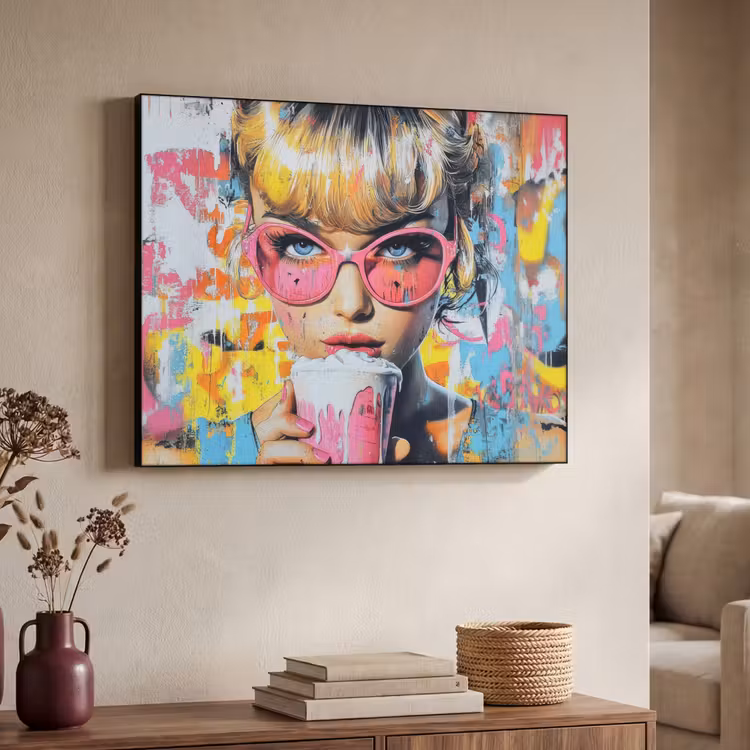 Expressief - Milkshake - Vrouw - Felle kleuren Textielframe zwart klein -sfeer3