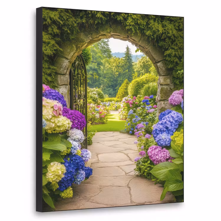 Doorkijk - Poort - Hortensia - Bloementuin Textielframe - compleet frame klein -3d