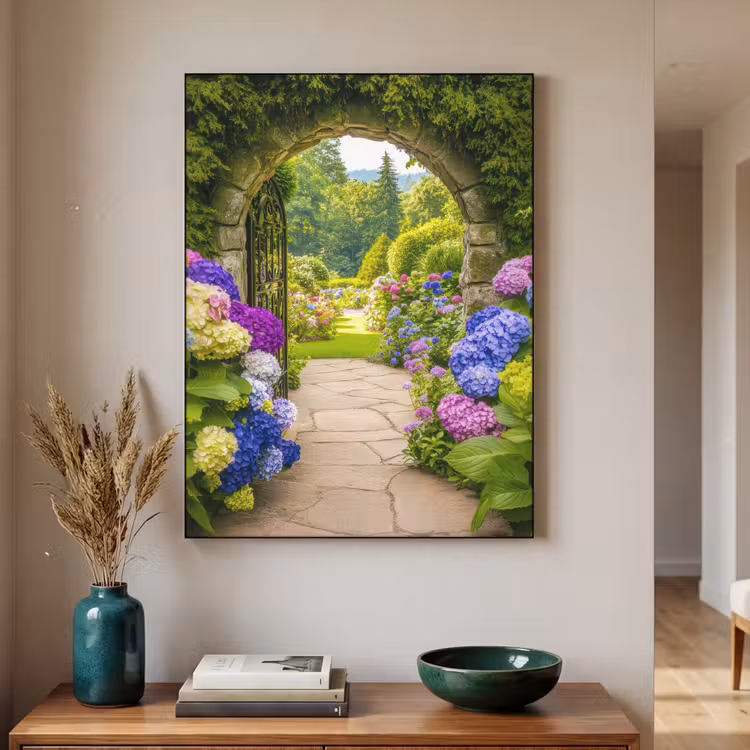 Doorkijk - Poort - Hortensia - Bloementuin Textielframe zwart klein -sfeer1