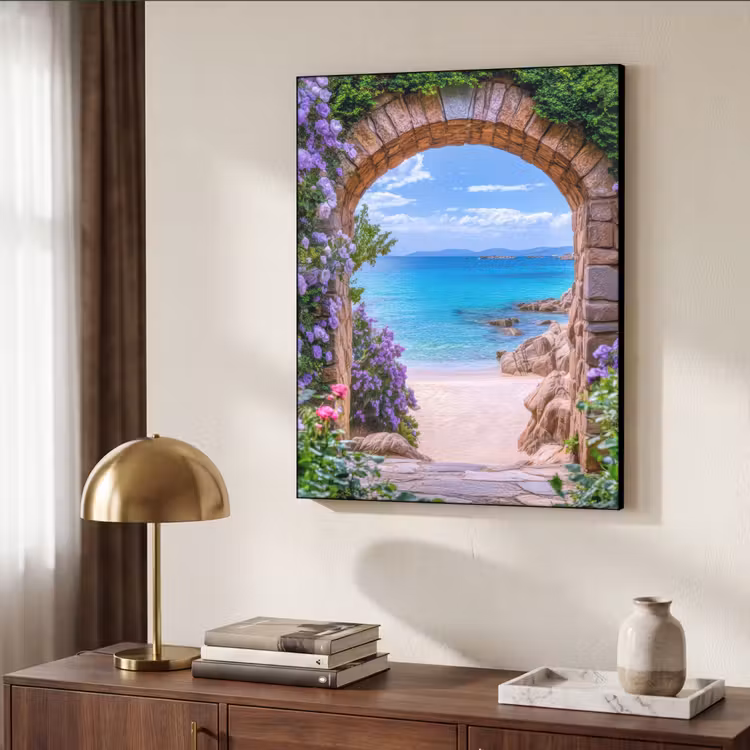 Doorkijk - Poort - Zee - Strand - Rotsen Textielframe zwart klein -sfeer3
