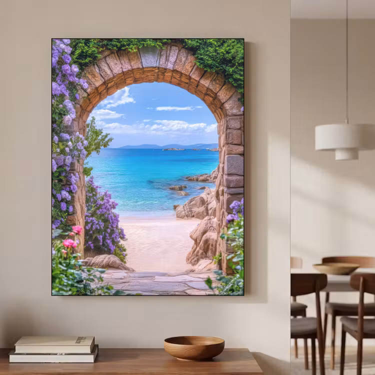 Doorkijk - Poort - Zee - Strand - Rotsen Textielframe zwart klein -sfeer2