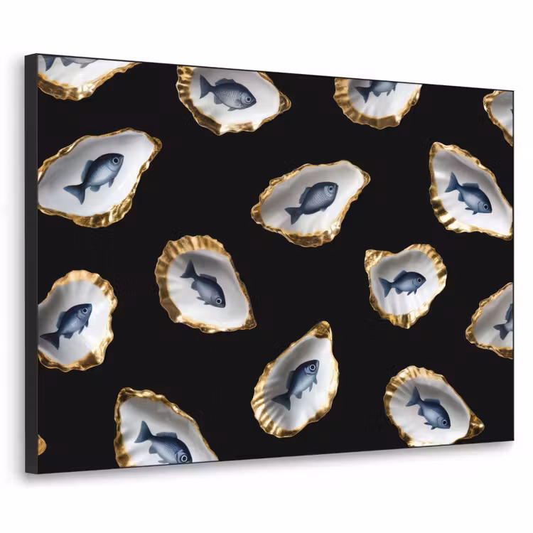Oesters - Vissen - Blauw - Goud Textielframe zwart klein -3d