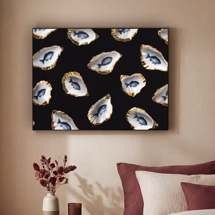 Oesters - Vissen - Blauw - Goud Textielframe - compleet frame klein -sfeer1