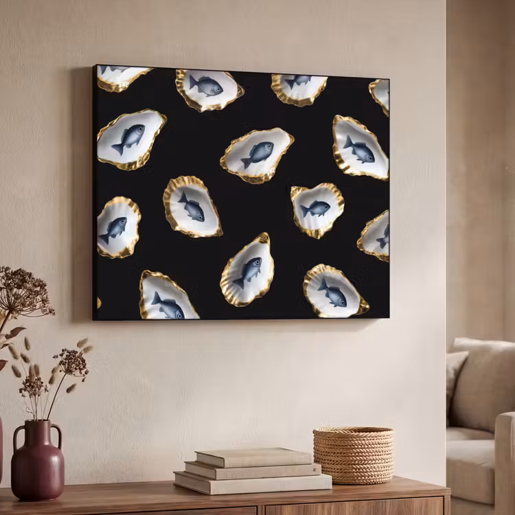 Oesters - Vissen - Blauw - Goud Textielframe - compleet frame klein -sfeer3