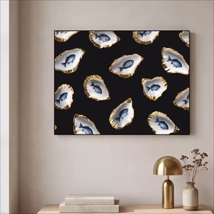 Oesters - Vissen - Blauw - Goud Textielframe zwart klein -sfeer2