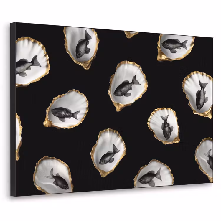 Oesters - Zwart - Vissen - Goud Textielframe zwart klein -3d