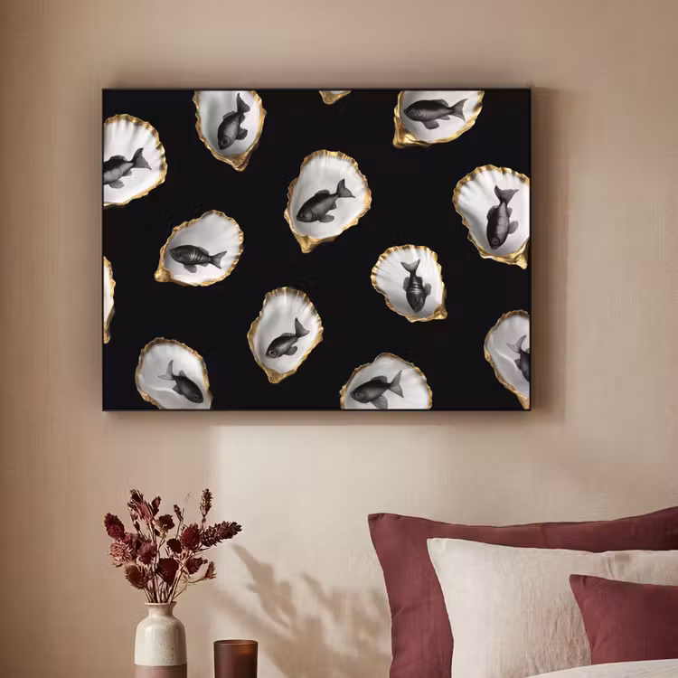 Oesters - Zwart - Vissen - Goud Textielframe zwart klein -sfeer1