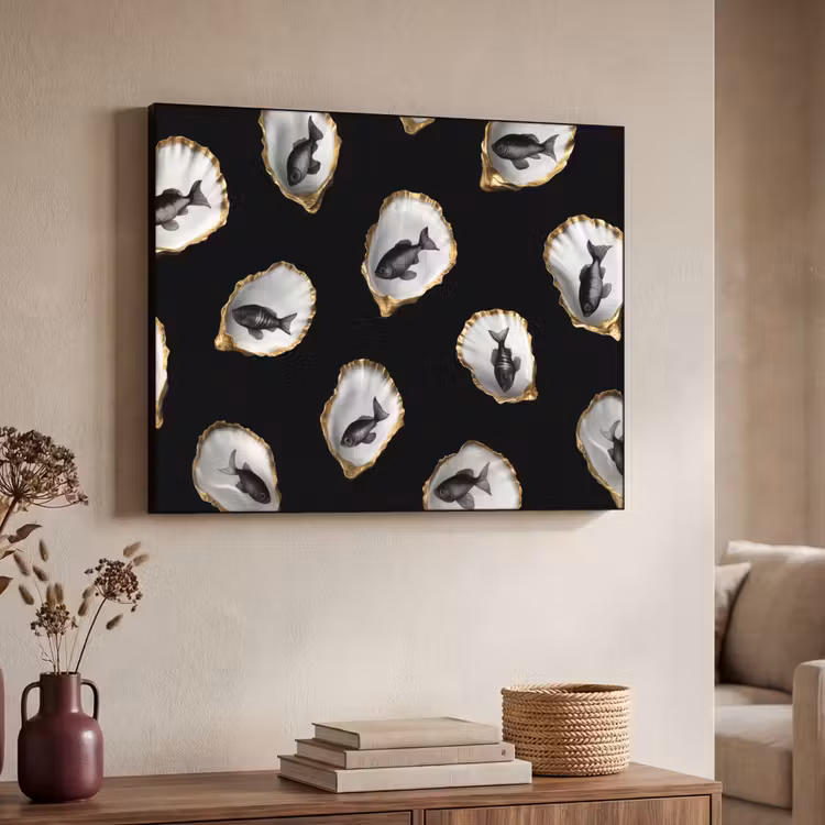 Oesters - Zwart - Vissen - Goud Textielframe - compleet frame klein -sfeer3