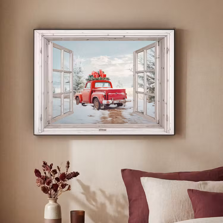 Auto - Rood - Cadeaus - Winter - Kerst - Doorkijk - Wit Textielframe zwart klein -sfeer1