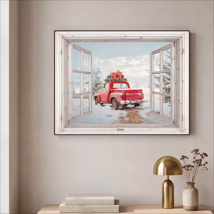 Auto - Rood - Cadeaus - Winter - Kerst - Doorkijk - Wit Textielframe - compleet frame klein -sfeer2