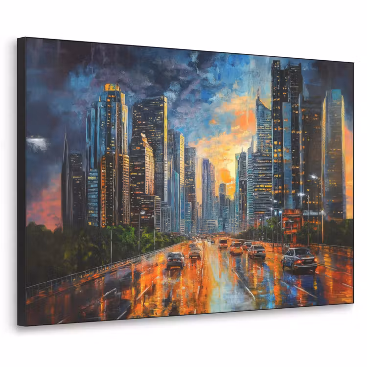 Auto - Skyline - Zon - Blauw Textielframe zwart klein -3d