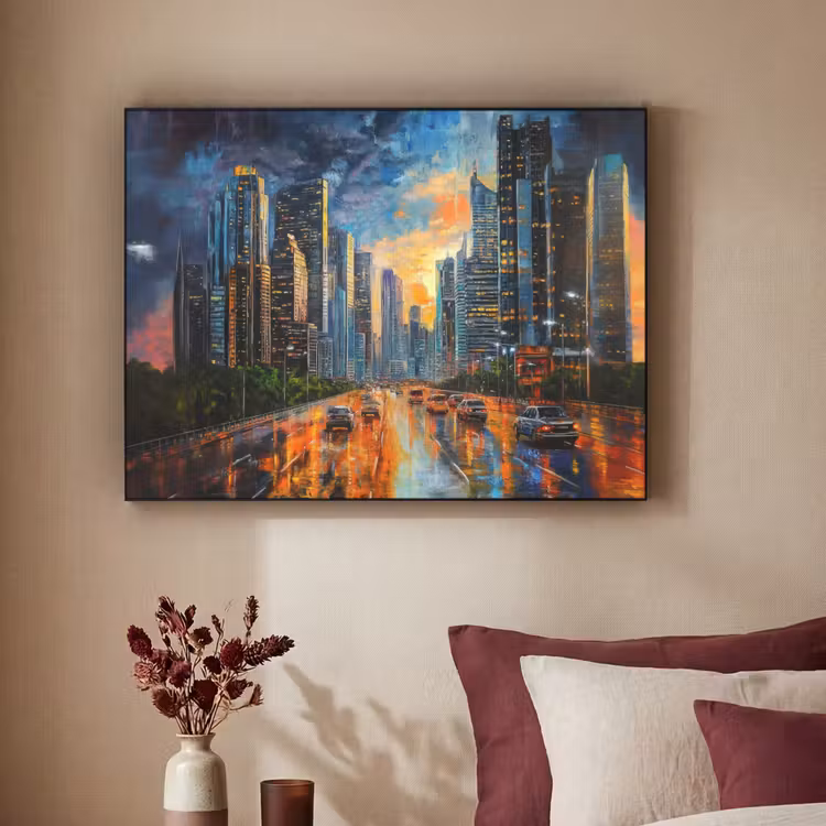 Auto - Skyline - Zon - Blauw Textielframe zwart klein -sfeer1