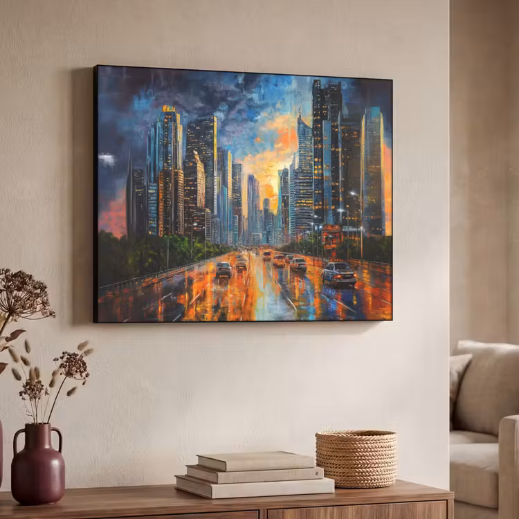 Auto - Skyline - Zon - Blauw Textielframe zwart klein -sfeer3