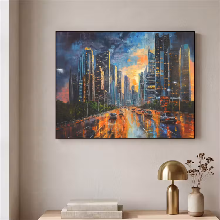 Auto - Skyline - Zon - Blauw Textielframe - compleet frame klein -sfeer2