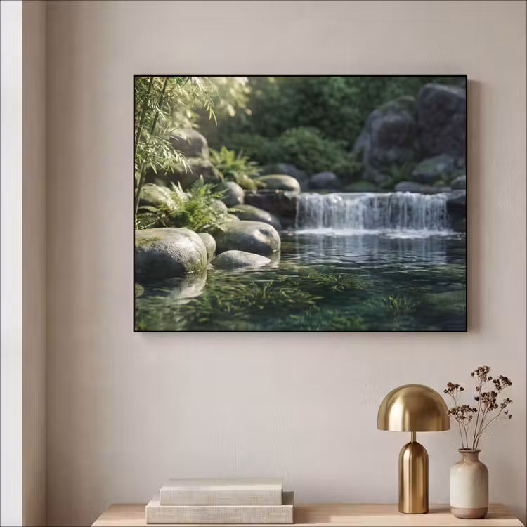 Beek - Waterval - Natuur - Groen Textielframe zwart klein -sfeer2