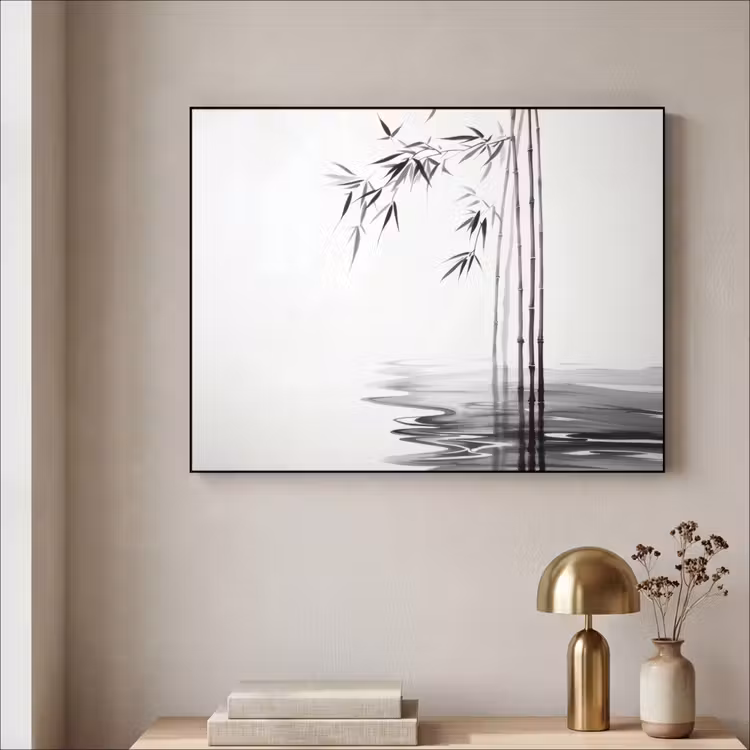 Bamboestammen - Water - Minimalistisch - Wit Textielframe zwart klein -sfeer2