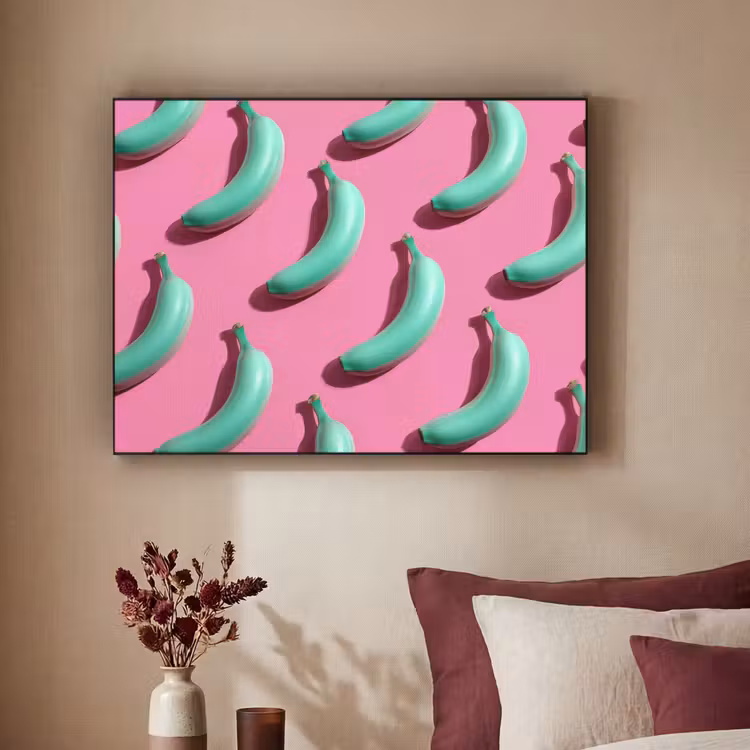 Bananen - Patroon - Blauw - Roze Textielframe - compleet frame klein -sfeer1