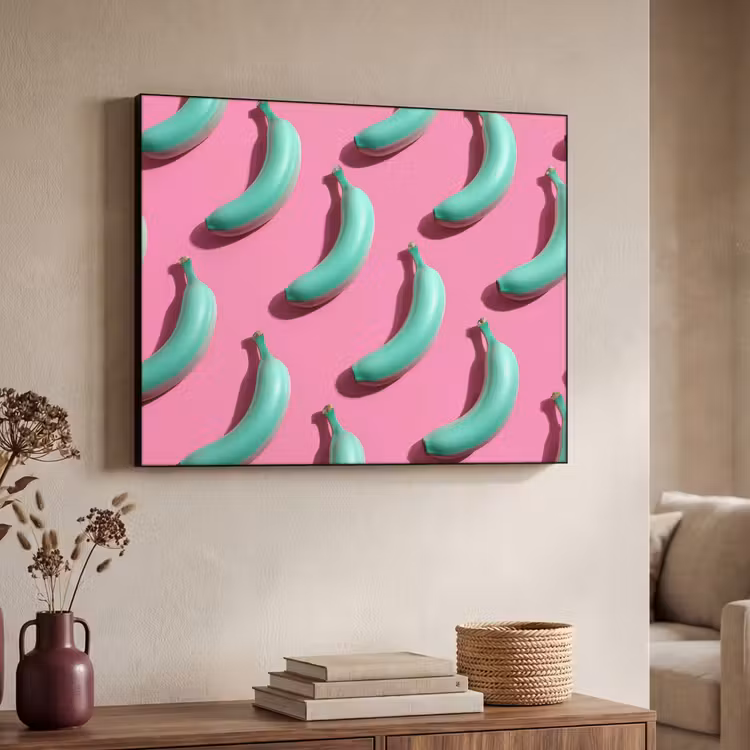 Bananen - Patroon - Blauw - Roze Textielframe - compleet frame klein -sfeer3