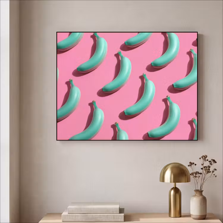 Bananen - Patroon - Blauw - Roze Textielframe - compleet frame klein -sfeer2