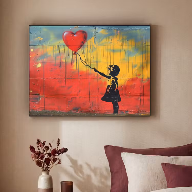 Banksy Style - Kleurrijk - Graffiti - Meisje - Street art Textielframe - compleet frame klein -sfeer1