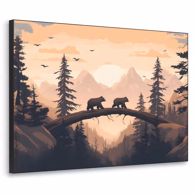 Beren - Bomen - Landschap - Zonsondergang Textielframe zwart klein -3d