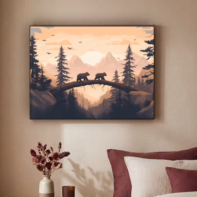 Beren - Bomen - Landschap - Zonsondergang Textielframe zwart klein -sfeer1