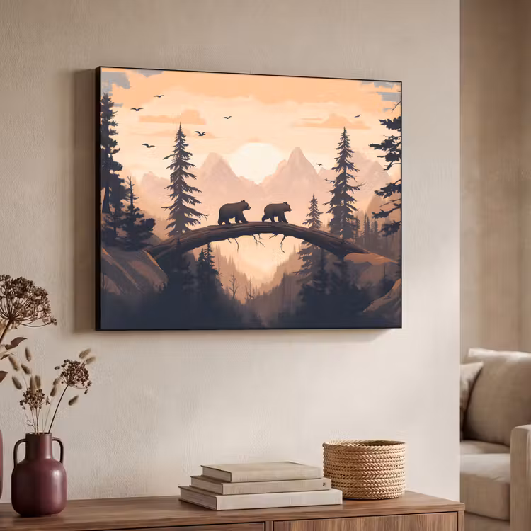 Beren - Bomen - Landschap - Zonsondergang Textielframe - compleet frame klein -sfeer3