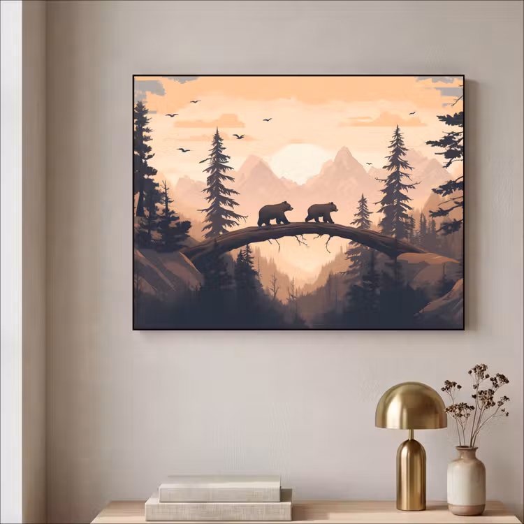 Beren - Bomen - Landschap - Zonsondergang Textielframe - compleet frame klein -sfeer2