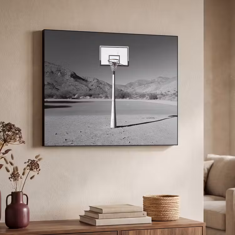 Basketbalpaal - Landschap - Zand - Wit Textielframe zwart klein -sfeer3