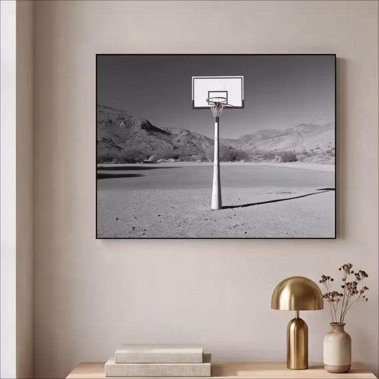 Basketbalpaal - Landschap - Zand - Wit Textielframe - compleet frame klein -sfeer2