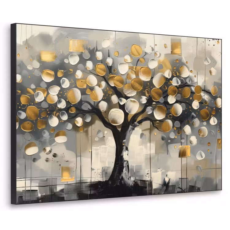 Boom - Abstract - Beige - Goud - Zwart Textielframe - compleet frame klein -3d