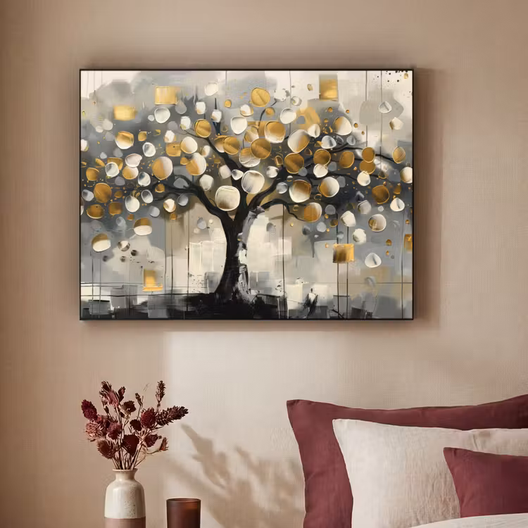 Boom - Abstract - Beige - Goud - Zwart Textielframe - compleet frame klein -sfeer1