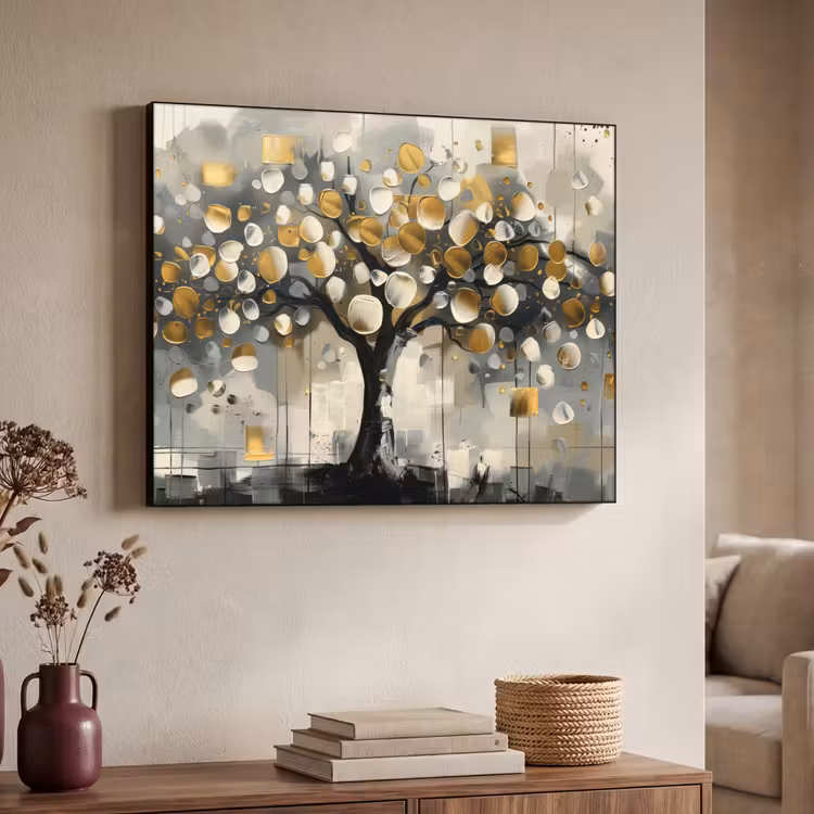 Boom - Abstract - Beige - Goud - Zwart Textielframe zwart klein -sfeer3