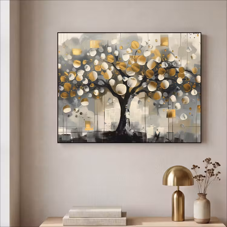 Boom - Abstract - Beige - Goud - Zwart Textielframe - compleet frame klein -sfeer2