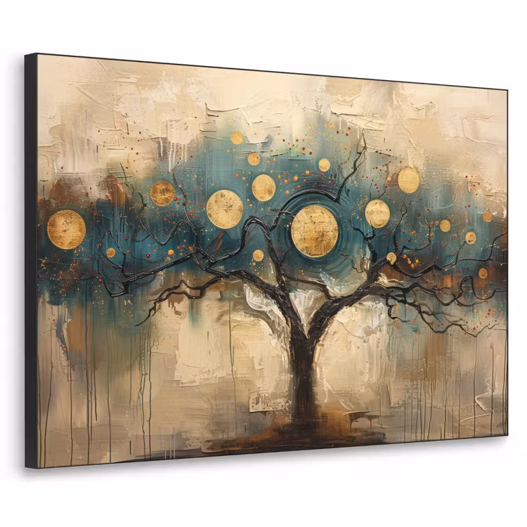 Boom - Abstract - Bruin - Goud - Industrieel Textielframe zwart klein -3d