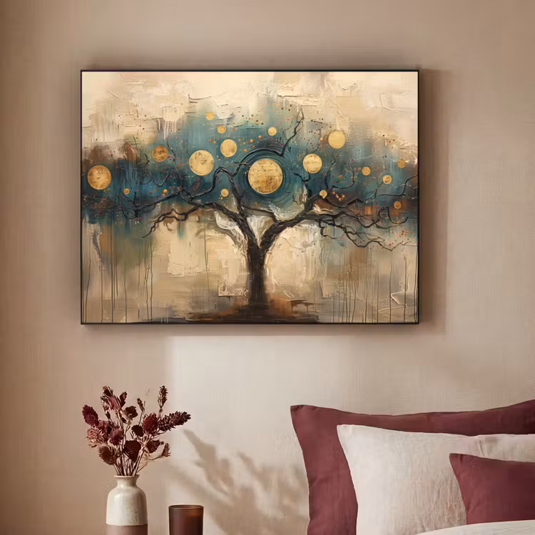 Boom - Abstract - Bruin - Goud - Industrieel Textielframe zwart klein -sfeer1