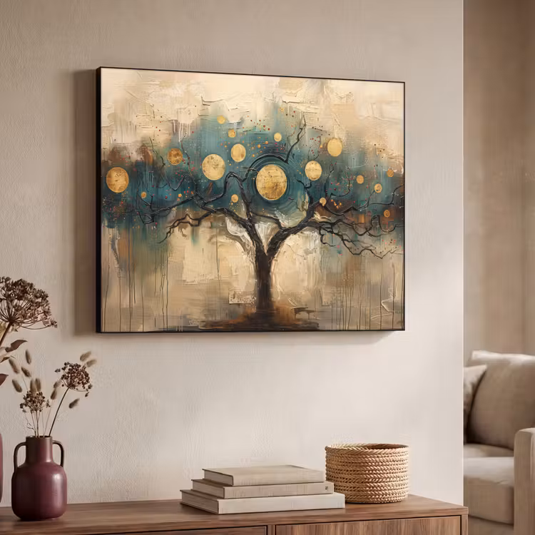 Boom - Abstract - Bruin - Goud - Industrieel Textielframe zwart klein -sfeer3