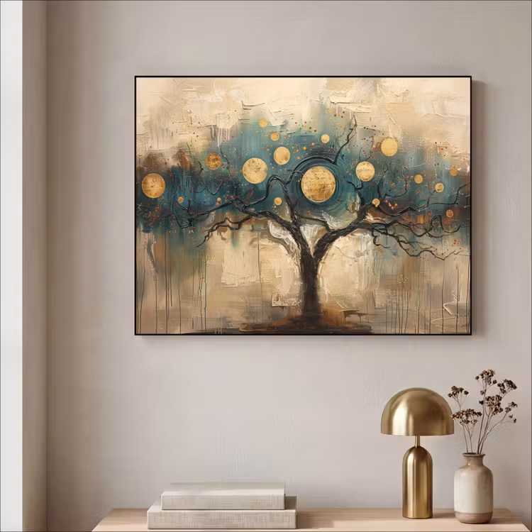 Boom - Abstract - Bruin - Goud - Industrieel Textielframe zwart klein -sfeer2